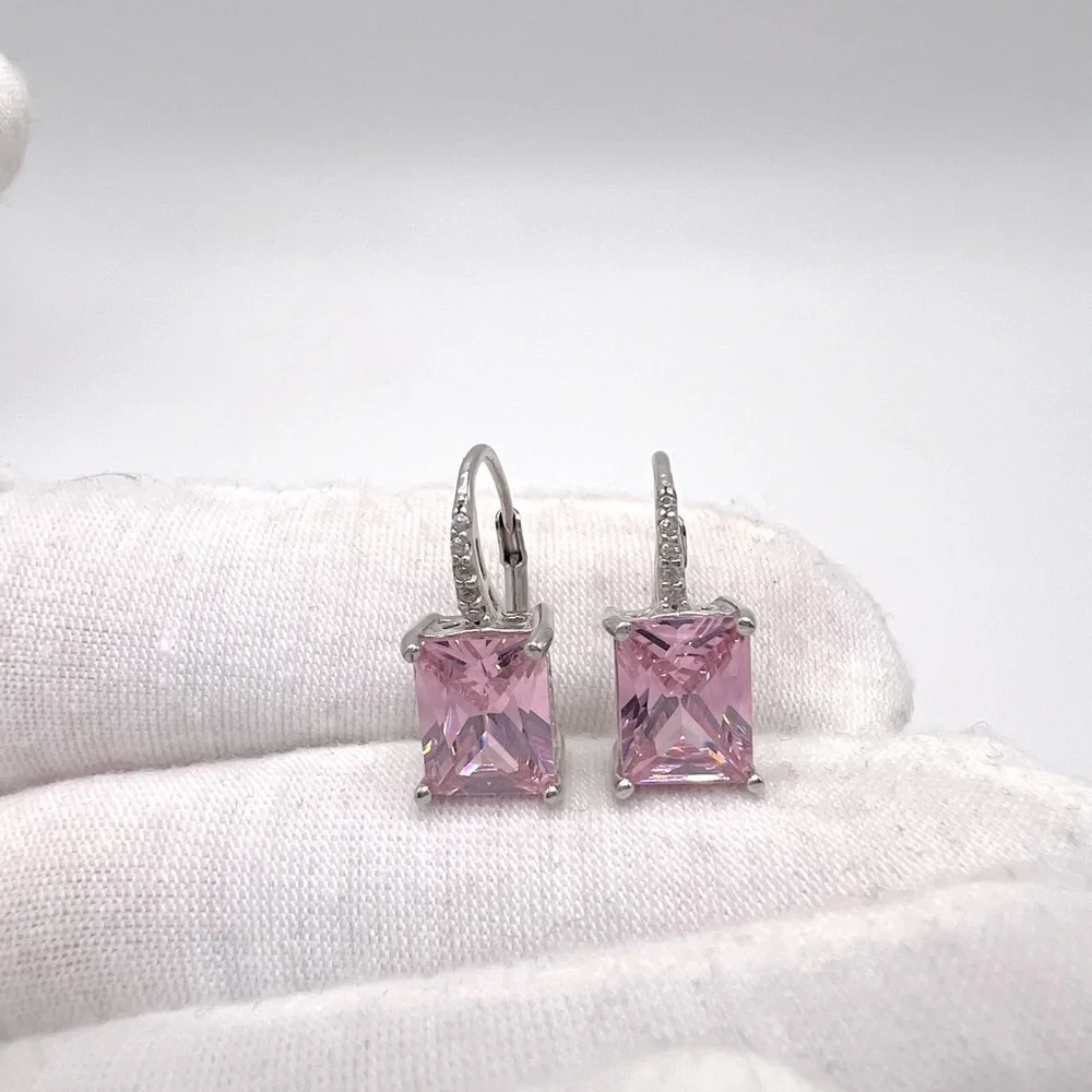 .925 Sterling Silver 9mmx7mm Rectangle Pink Cz Lever Back Earrings - Picture 10 of 13